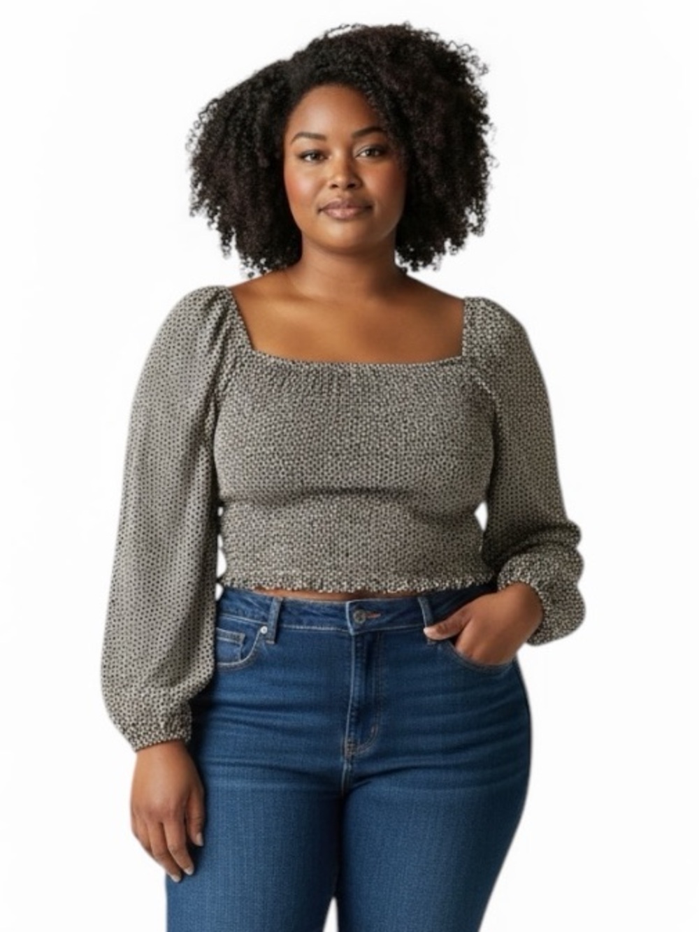 Hesperus Olive Ditsy Floral Smocked Square Neck Puff Sleeve Crop Top M